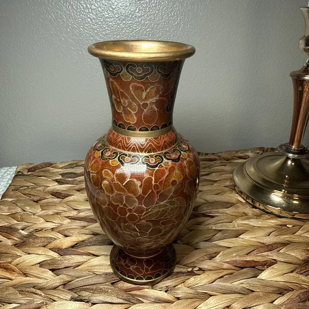 Vintage Chinese Cloisonne Vase Brass Enamel Floral Chinoiserie 6” Asian Decor